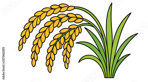 Golden wheat ears with green leaves.