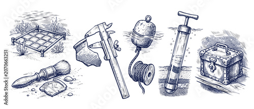 Photos Underwater archaeology equipment drawing collection featuring marine research tools, core sampler, grid, caliper, and vintage treasure chest icons for maritime exploration history and science