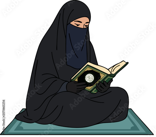 Muslim woman in black niqab reading the holy Quran, Islamic woman sitting on prayer mat studying religious book, flat vector illustration