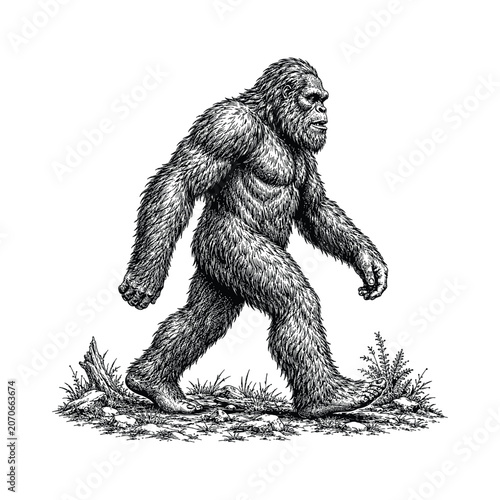 Sasquatch on rocky ground in stride