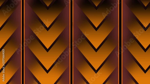 Abstract arrow patterns scroll downward in columns with a dark orange gradient over a black background.
