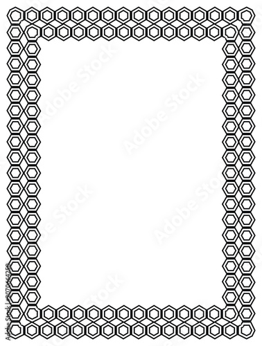 Geometric Hexagon Pattern Rectangular Border Frame in Black and White Outline
