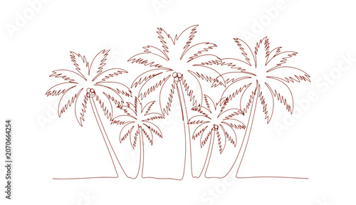 Continuous line drawing of coconut trees for tropical and nature-themed designs.