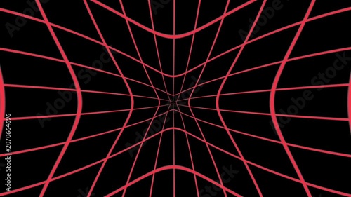 Abstract 3D red perspective grid lines forming a star shape tunnel pulse over a solid black background.