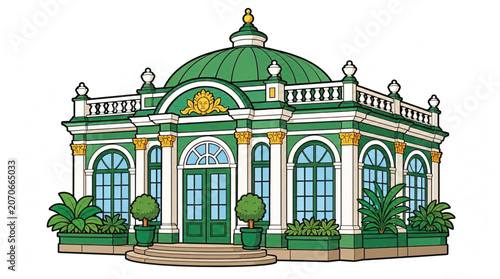 Green and white building with columns.