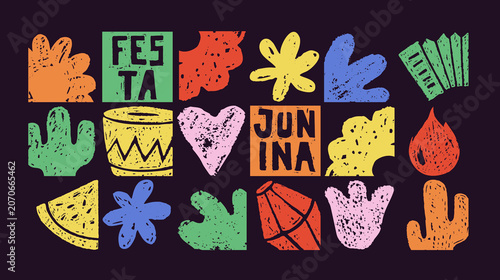 Festa Junina carnival flyers with crayon icons of summer festival. Party symbols with flowers, drums, fire and lantern drawn with bright chalk, vector illustration