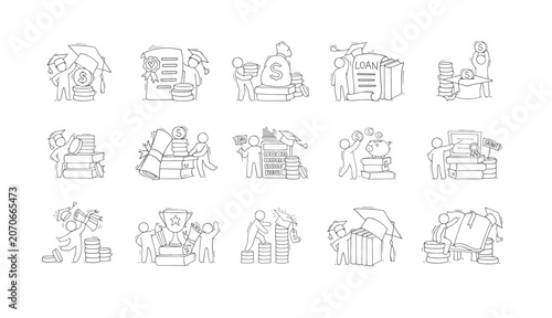 Scholarship concepts set with student, education certificate and money. Vector sketch illustration of tuition grant, study cost in college or university. Doodle man in graduation cap with diploma and 