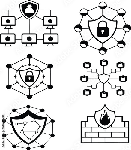 Cybersecurity protection shields and network firewall icons with security