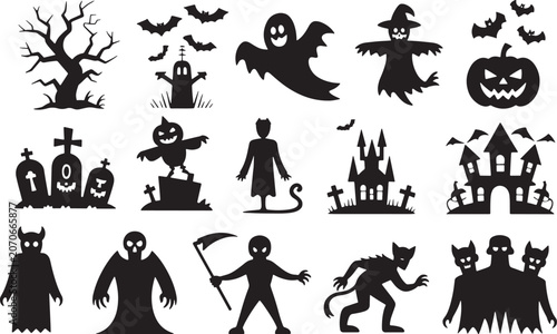 Halloween Horror Icons Set Silhouette Vector Illustration Isolated on White Background