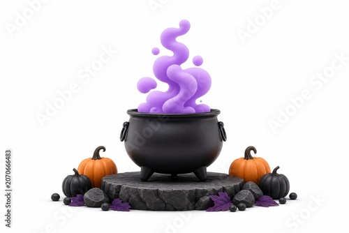 Minimal 3D Halloween cauldron with stylized purple vapor, pumpkins and stone pedestal on a clean white background. Magical seasonal hero concept.