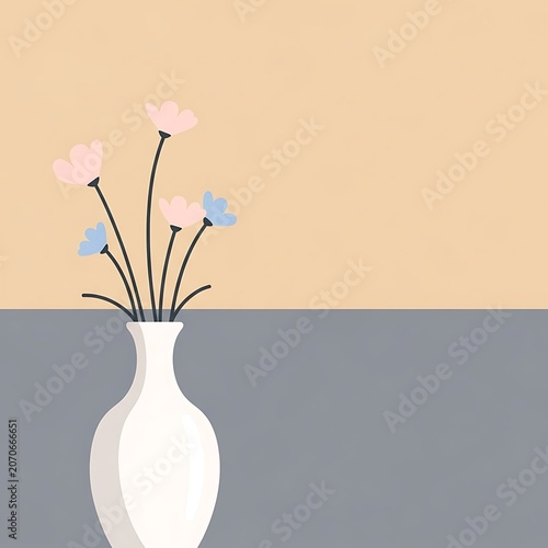 Single white tulip in blue vase against gradient sky.