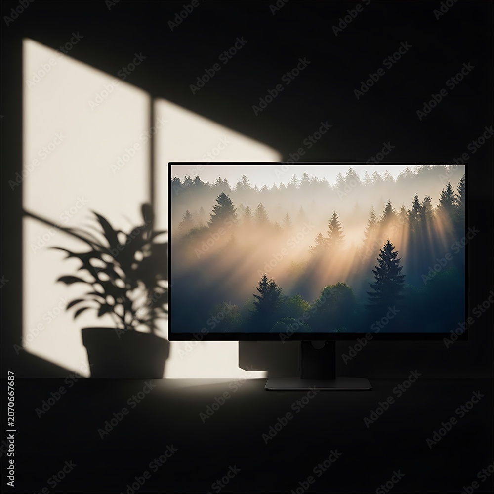 Fototapeta premium Serene mountain landscape with pine trees at sunrise.