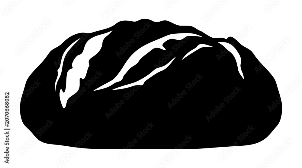 Obraz premium Black silhouette of a rustic loaf of bread with score marks on top, graphic design element PNG Isolated on transparent background