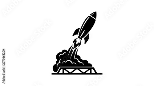 Minimalist Black Silhouette Icon of a Rocket Ship Launching from a Launchpad with Thick Smoke Plumes for Space Exploration PNG Isolated on transparent background