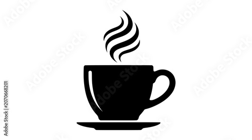 Black silhouette of a steaming coffee cup and saucer, simple graphic icon representing hot beverage PNG Isolated on transparent background