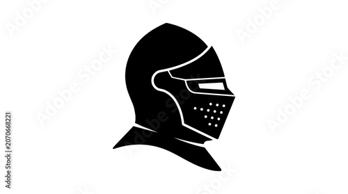 Black silhouette of a medieval knight's helmet with visor and protective faceplate featuring ventilation holes PNG Isolated on transparent background