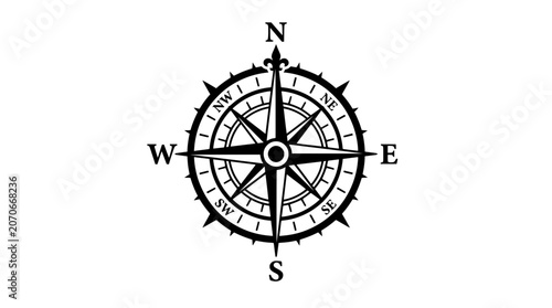 Vintage style compass rose with cardinal directions N S E W and intercardinal points NW NE SW SE PNG Isolated on transparent background