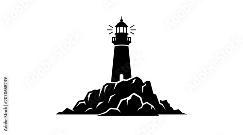 Black silhouette of a lighthouse standing tall on a rocky outcrop emitting light beams PNG Isolated on transparent background
