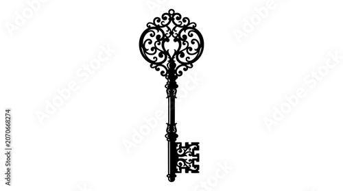 Ornate antique black skeleton key with intricate scrollwork and decorative bow and bit PNG Isolated on transparent background