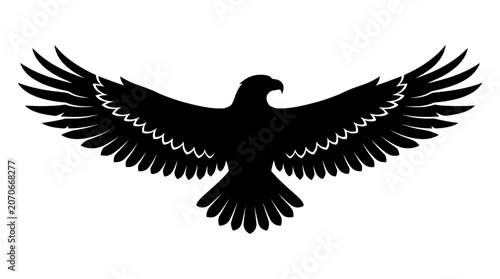 Black silhouette of a majestic eagle with wings spread wide, detailed feather design PNG Isolated on transparent background