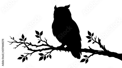 Silhouette of a Great Horned Owl perched on a tree branch with leaves PNG Isolated on transparent background