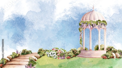 Photos Watercolor garden background with elegant gazebo and stone pathway