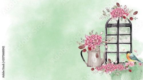 Φωτογραφία Watercolor spring garden background with vintage window and watering can flower bouquet