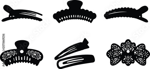 Bild auf Leinwand Hair clip and barrette icon set, assorted claw, snap, and decorative designs, bl