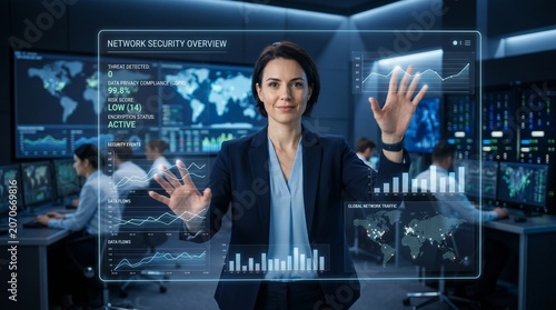 Business technology expert woman interacts with advanced network security dashboard in office