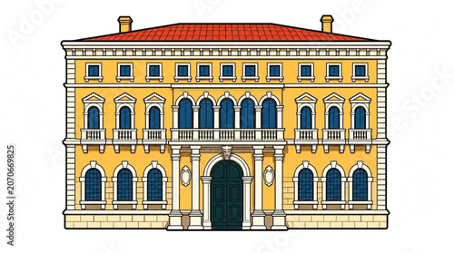 Illustration of a large yellow building.