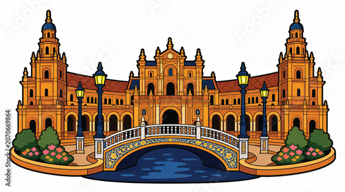 Illustration of a large orange building.