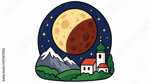 Illustration of a church under moonlight.