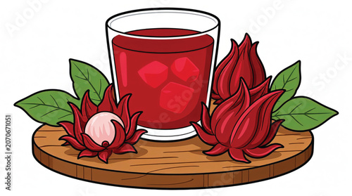 Hibiscus drink on wooden plate.