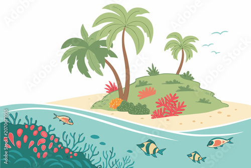 tropical island with palm trees and sea