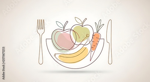 Hand drawn illustration of a heart in a bowl with fruits and flowers.