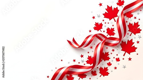 Happy canada day celebration background with red maple leaves and ribbons