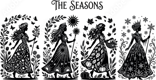 Foto Four Seasons Goddess Silhouette Vector Illustration Set Featuring Female Personi
