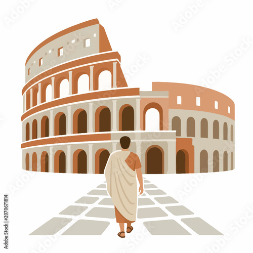 Ancient Roman Man in Toga Walking Toward the Colosseum Amphitheater Illustration.