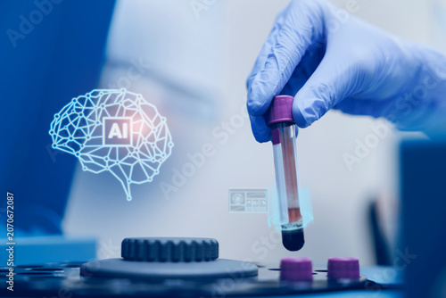Foto Blood collection tube held by gloved hand beside centrifuge with ai for lab anal