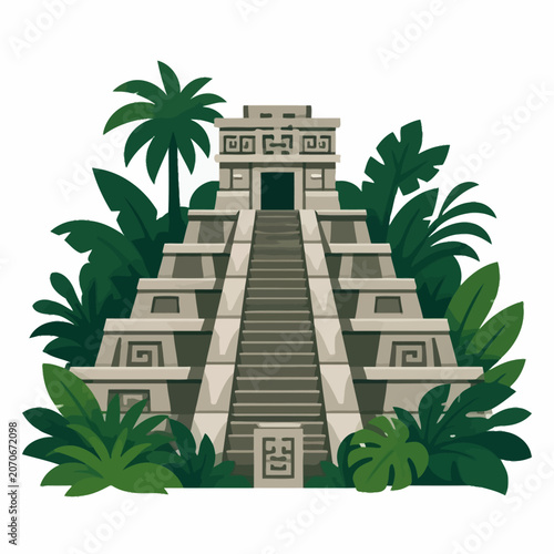 Ancient Mayan Pyramid Temple Illustration with Tropical Jungle Foliage and Palm Trees.