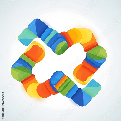 Colorful geometric puzzle pieces scattered on white background.