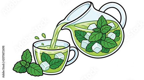 Green tea being poured into cup.