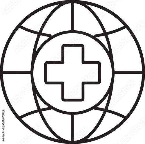 Black and white outline icon of a medical cross symbol inside a world globe