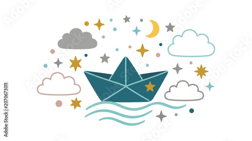 Creative Paper Boat Sailing Through Starry Night Sky in Whimsical Illustration Art