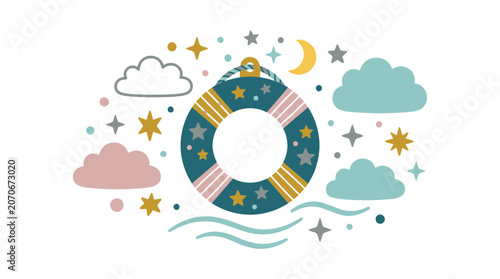 Life Preserver Floating with Stars and Clouds, Digital Illustration in a Calm Sea Environment