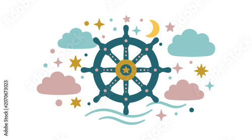 Nautical Wheel Illustration with Stars and Clouds in a Whimsical Style