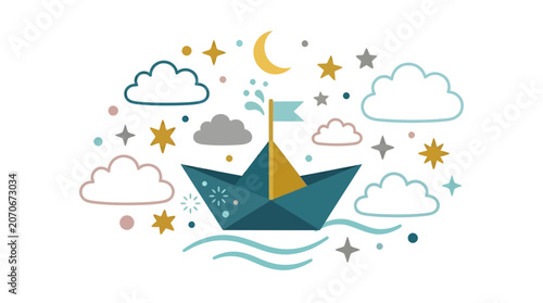 Creative Illustration of a Sailboat on Water Surrounded by Clouds and Stars in a Whimsical Style