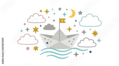 Creative Illustration of a Paper Boat Sailing in a Dreamy Sky with Stars and Clouds
