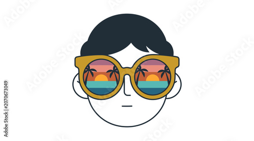 Summer Vibes, Boy in Sunglasses, Beach Sunset, Digital Illustration, Tropical Environment, Close-Up View, Chill Concept