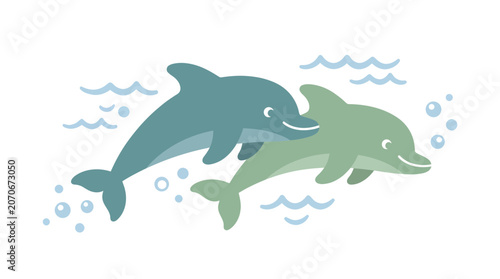 Playful Dolphins Swimming Together in Ocean Waters, Illustration, Marine Environment, Whimsical Viewpoint, Nature Concept